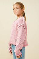 GY9478 Pink Girls Lightly Sequined V Neck Stitch Detail Sweater Top Side