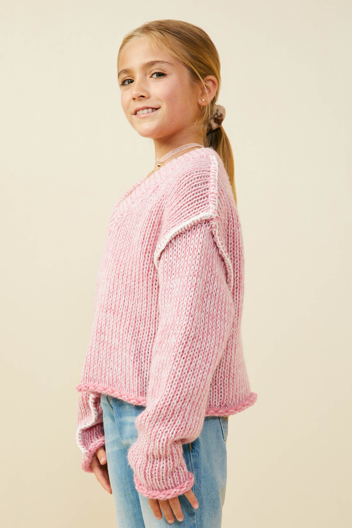 GY9478 Pink Girls Lightly Sequined V Neck Stitch Detail Sweater Top Side