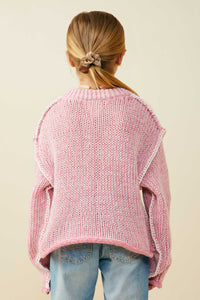 GY9478 Pink Girls Lightly Sequined V Neck Stitch Detail Sweater Top Back