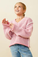 GY9478 Pink Girls Lightly Sequined V Neck Stitch Detail Sweater Top Front 2