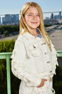 GY9483 Off White Girls Bow Detailed Denim Jacket Editorial