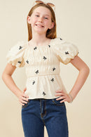 GY9486 Beige Girls Embroidered Ribbon Smocked Puff Sleeve Peplum Top Front