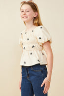 GY9486 Beige Girls Embroidered Ribbon Smocked Puff Sleeve Peplum Top Side
