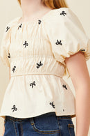 GY9486 Beige Girls Embroidered Ribbon Smocked Puff Sleeve Peplum Top Detail