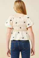 GY9486 Beige Girls Embroidered Ribbon Smocked Puff Sleeve Peplum Top Back