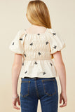 GY9486 Beige Girls Embroidered Ribbon Smocked Puff Sleeve Peplum Top Back