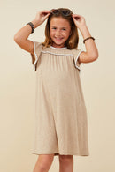 GY9488 Taupe Girls Crochet Contrast Stitched Ribbed Knit Dress Front