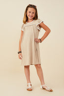 GY9488 Taupe Girls Crochet Contrast Stitched Ribbed Knit Dress Pose