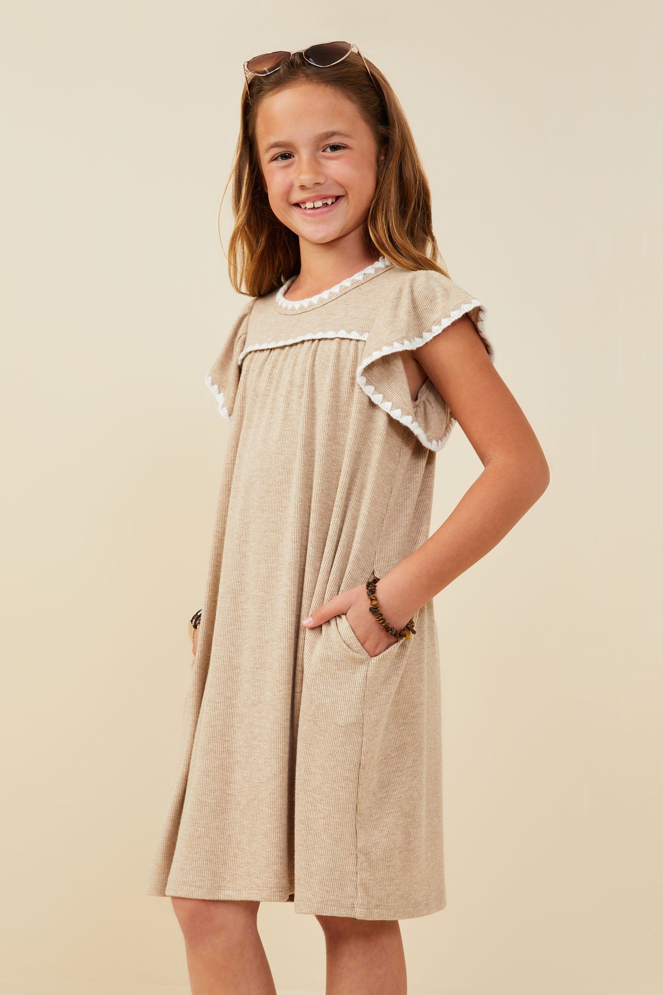 GY9488 Taupe Girls Crochet Contrast Stitched Ribbed Knit Dress Side