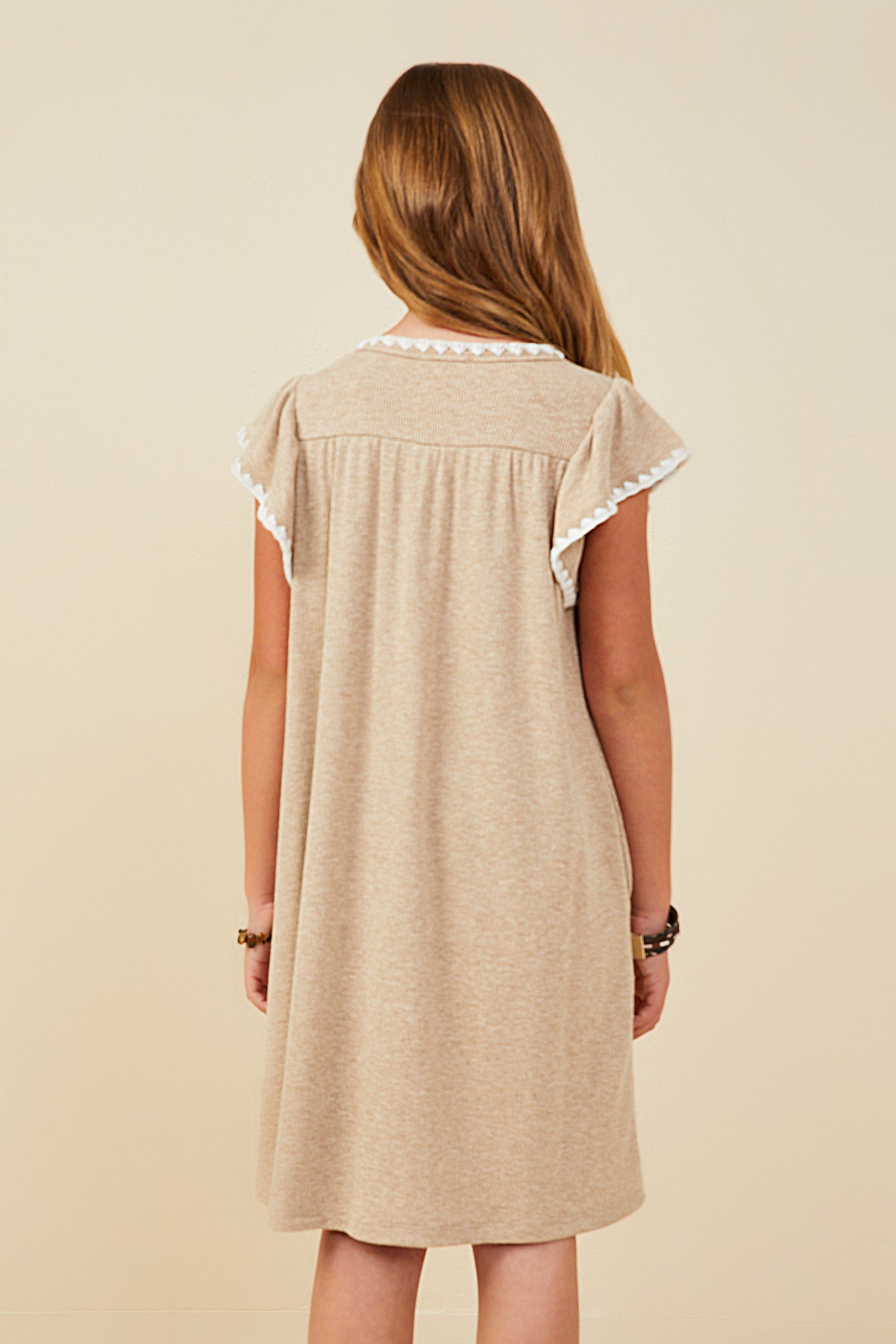 GY9488 Taupe Girls Crochet Contrast Stitched Ribbed Knit Dress Back