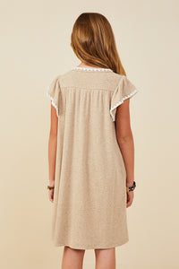 GY9488 Taupe Girls Crochet Contrast Stitched Ribbed Knit Dress Back