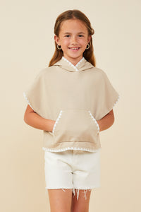 GY9489 Taupe Girls Crochet Contrast Stitched Hooded Tee Front