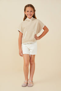 GY9489 Taupe Girls Crochet Contrast Stitched Hooded Tee Pose