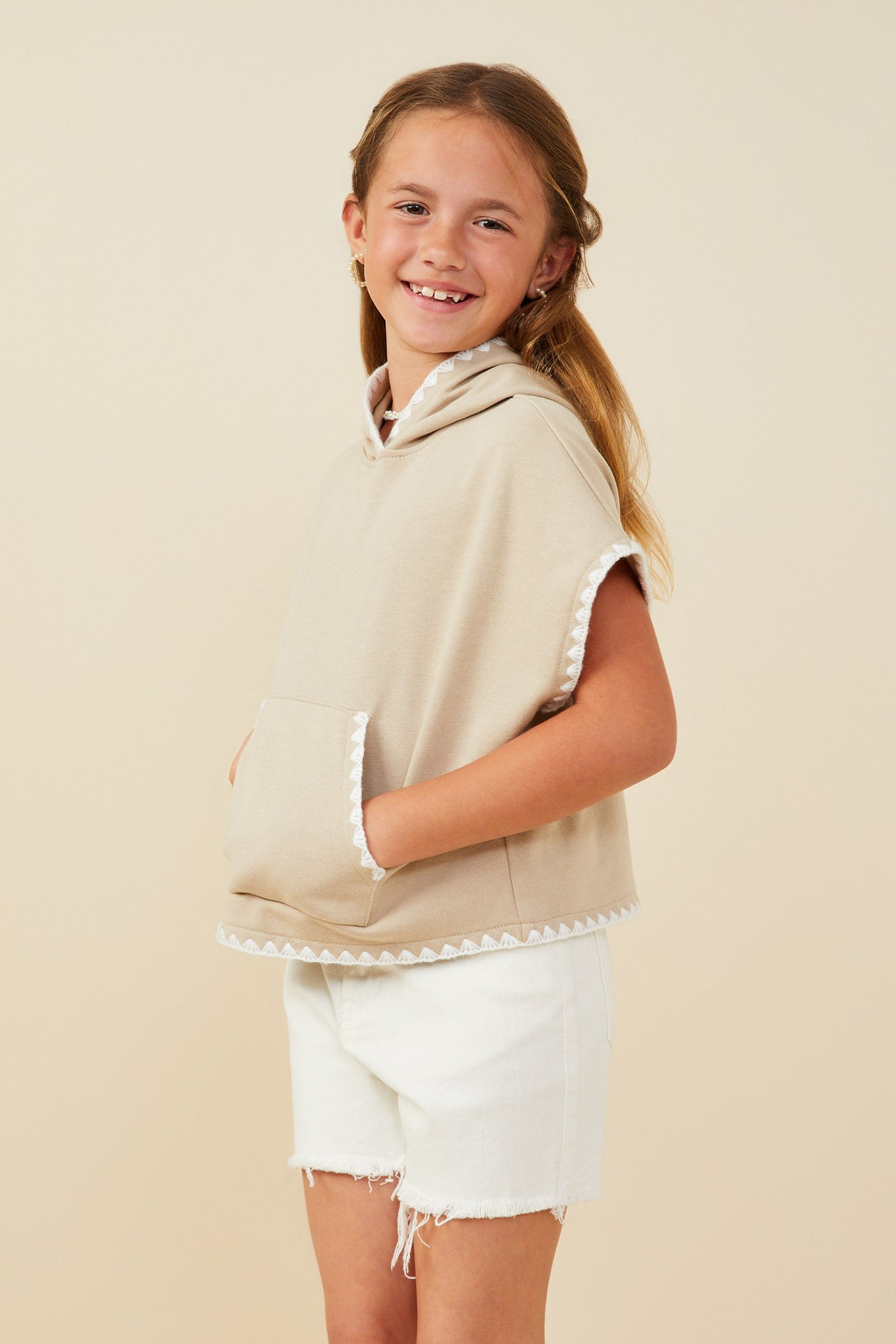 GY9489 Taupe Girls Crochet Contrast Stitched Hooded Tee Side