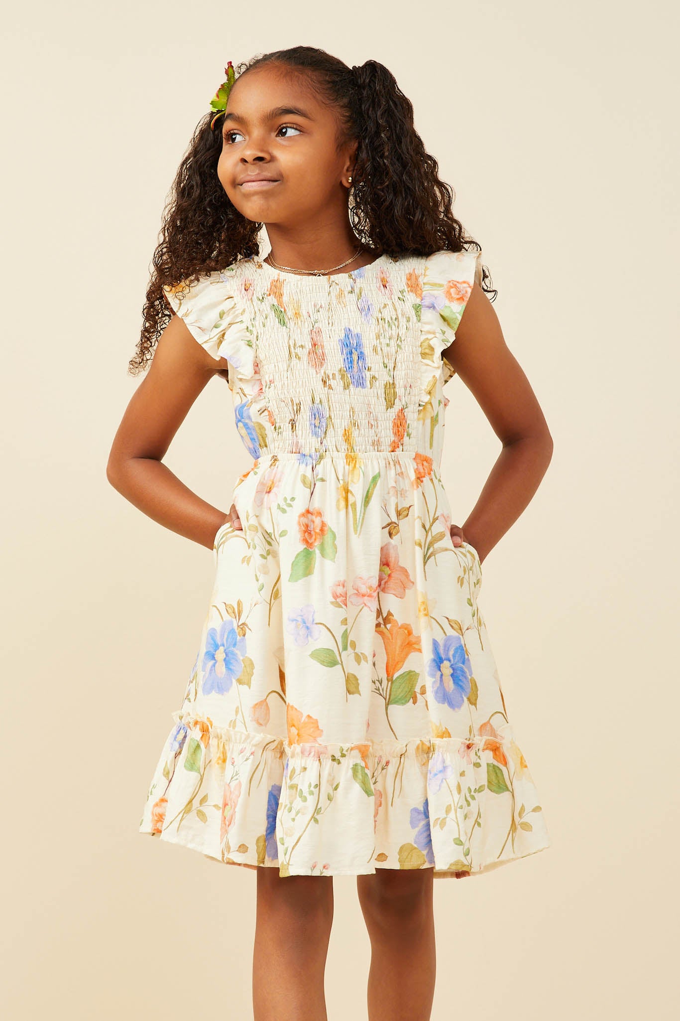 Girls Floral Print Textured Ruffle Tank Dress