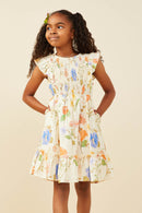 GY9505 Cream Girls Textured Floral Print Smocked Ruffle Tank Dress Front