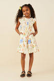 GY9505 Cream Girls Textured Floral Print Smocked Ruffle Tank Dress Pose
