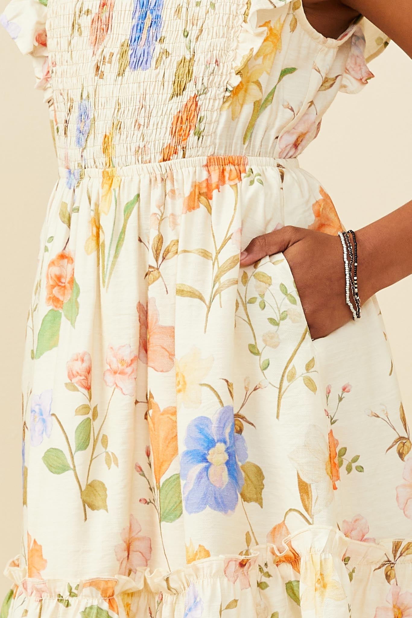 GY9505 Cream Girls Textured Floral Print Smocked Ruffle Tank Dress Detail