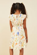 GY9505 Cream Girls Textured Floral Print Smocked Ruffle Tank Dress Back