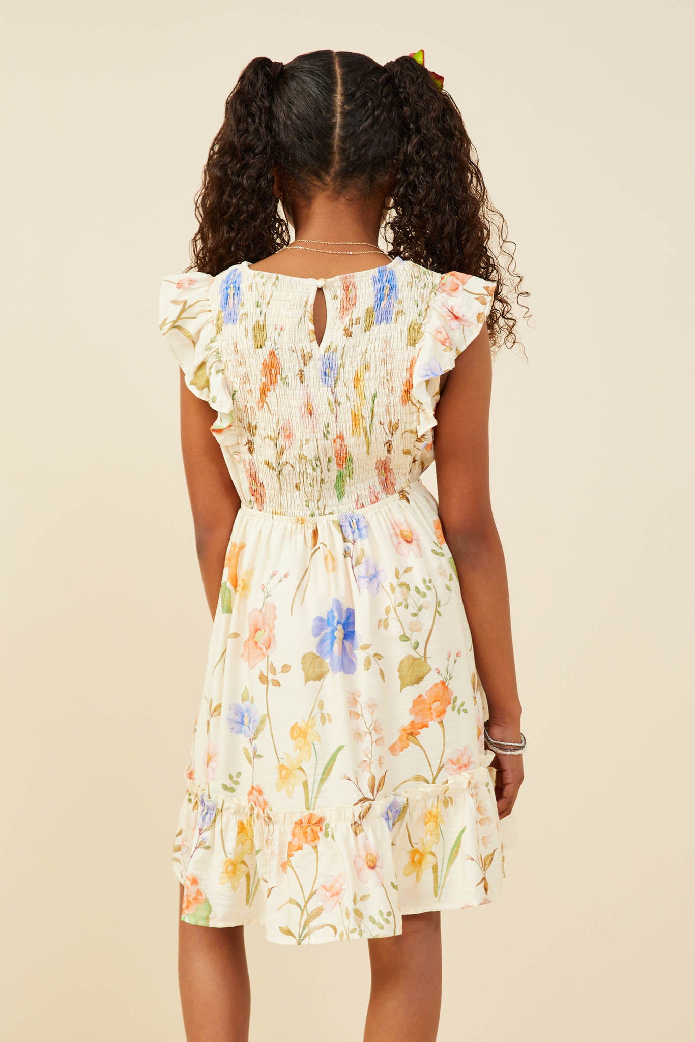 GY9505 Cream Girls Textured Floral Print Smocked Ruffle Tank Dress Back