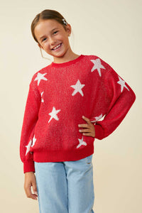 GY9517 Red Girls Star Print Loose Knit Sweater Top Front