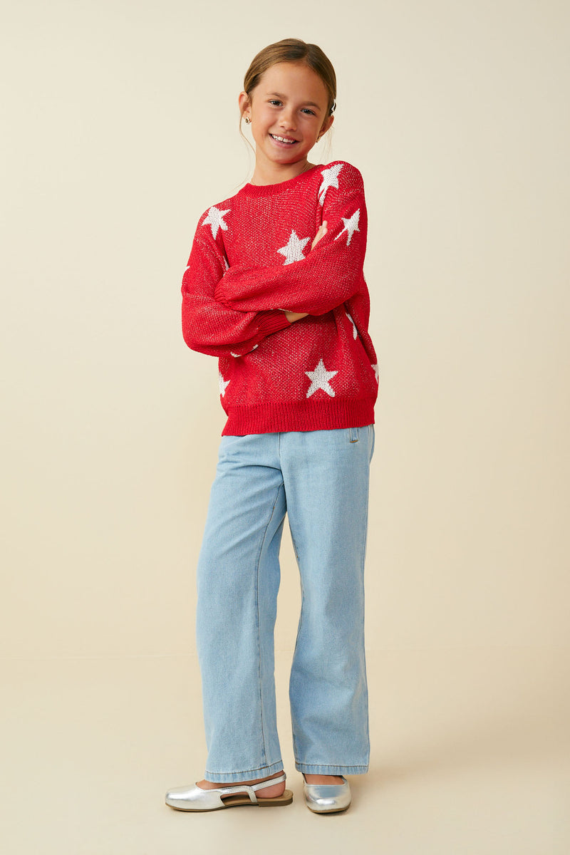 GY9517 Red Girls Star Print Loose Knit Sweater Top Pose