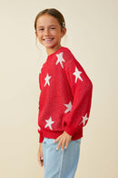 GY9517 Red Girls Star Print Loose Knit Sweater Top Side
