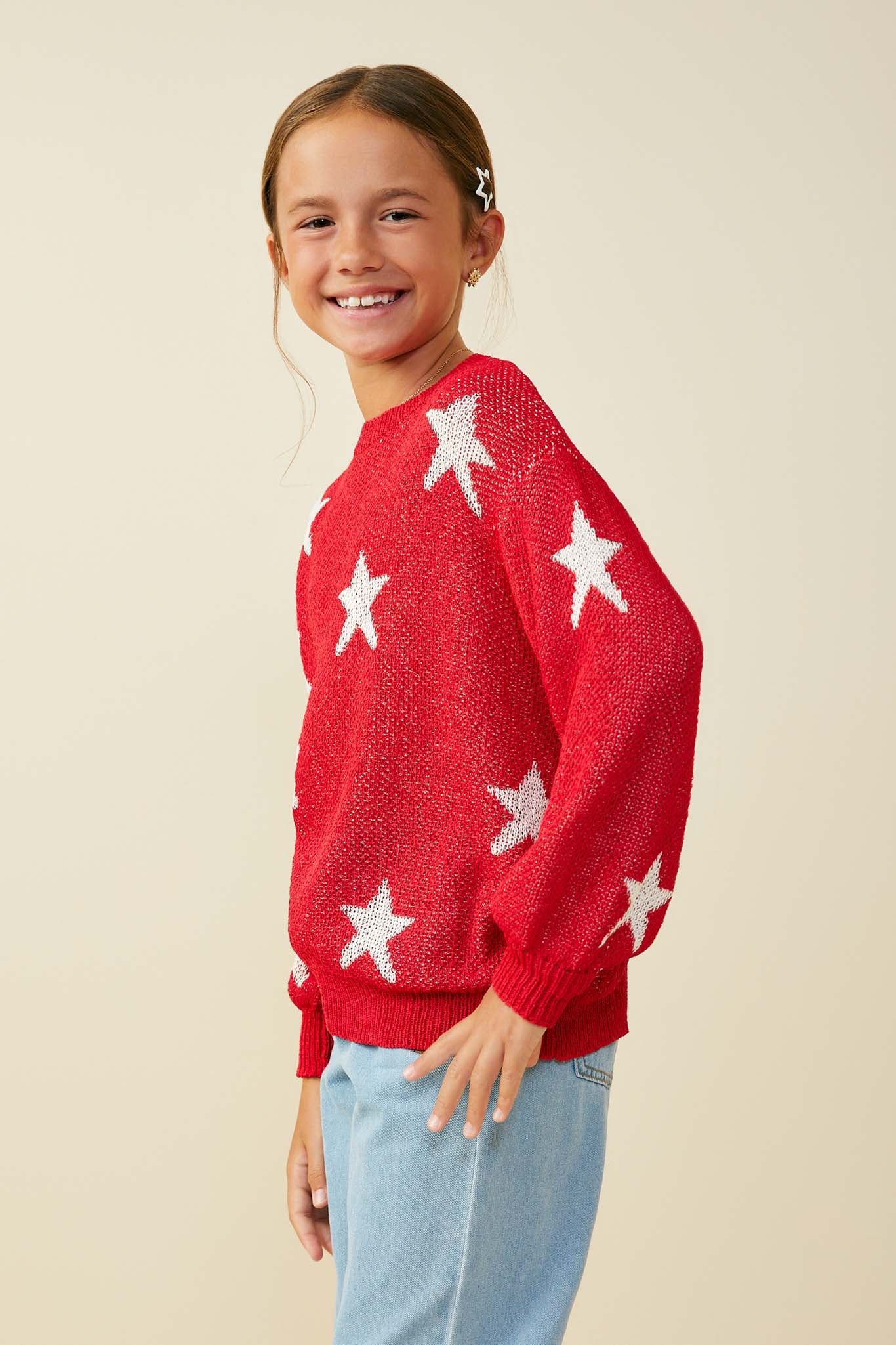 GY9517 Red Girls Star Print Loose Knit Sweater Top Side