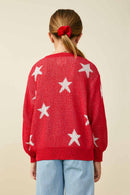 GY9517 Red Girls Star Print Loose Knit Sweater Top Back