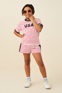 GY9521 Red Girls USA Patched Contrast Banded Knit Top Pose