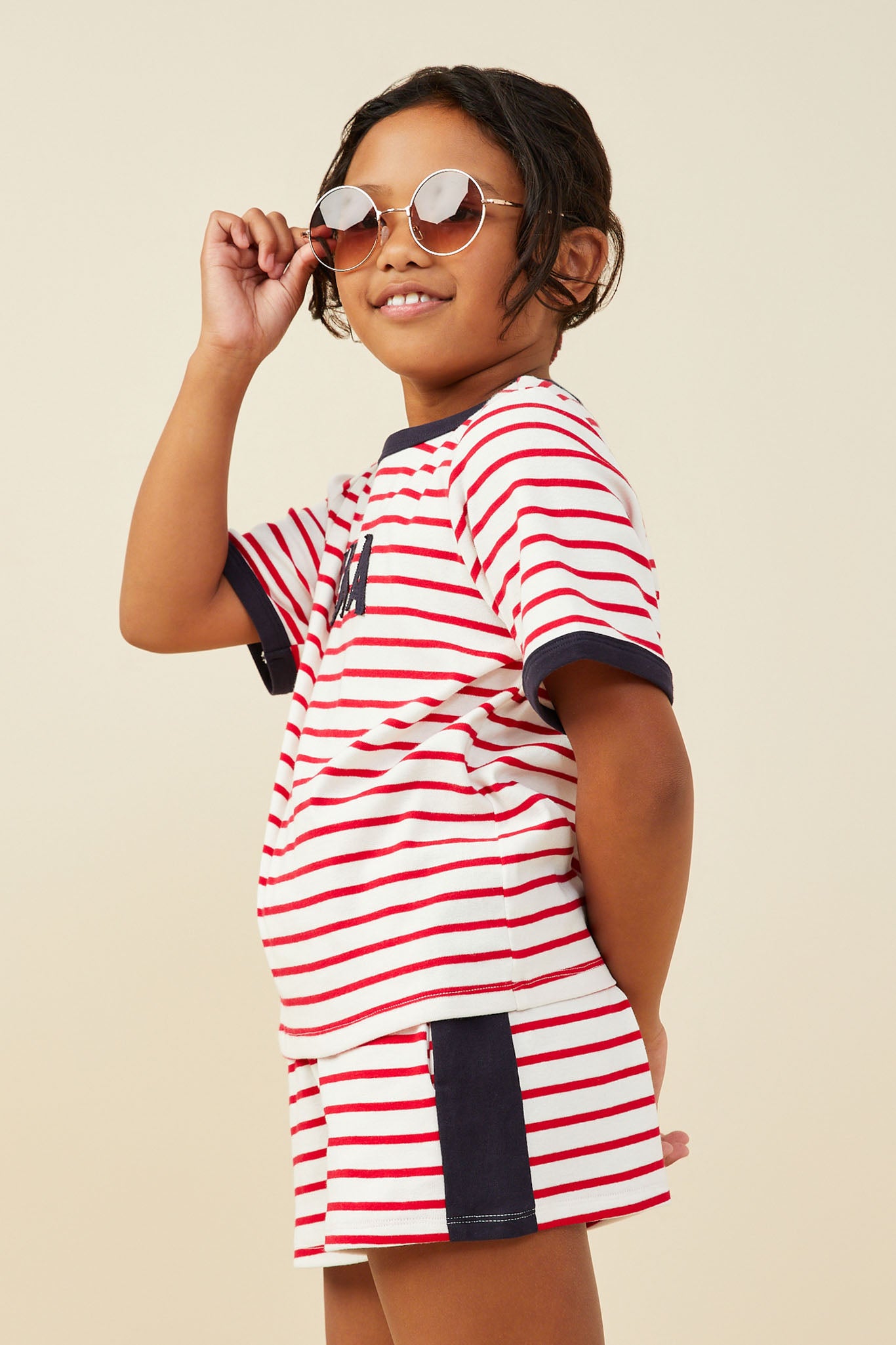 GY9521 Red Girls USA Patched Contrast Banded Knit Top Side