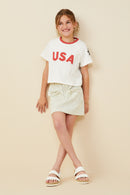 GY9525 Off White Girls USA And Star Patch Ringer Knit T Shirt Pose