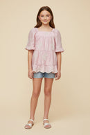Bow Embroidered Scallop Hem Peplum Top