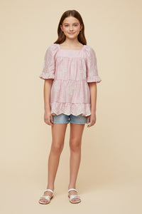 Bow Embroidered Scallop Hem Peplum Top