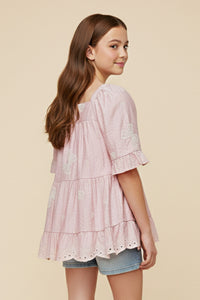 Bow Embroidered Scallop Hem Peplum Top