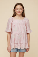 Bow Embroidered Scallop Hem Peplum Top