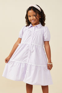 GY9541 Lavender Girls Contrast Piping Ribbon Buttoned Dress Front