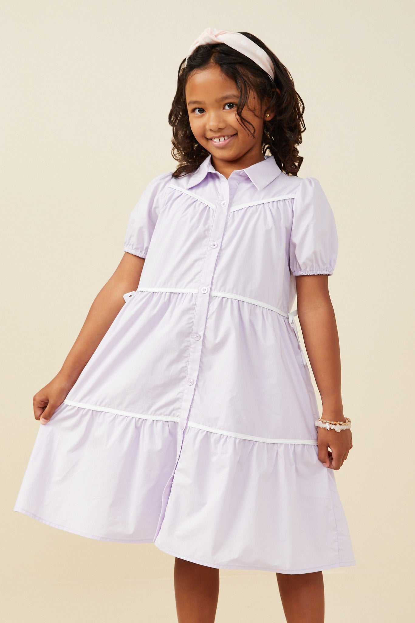 Contrast Piping Ribbon Buttoned Dress