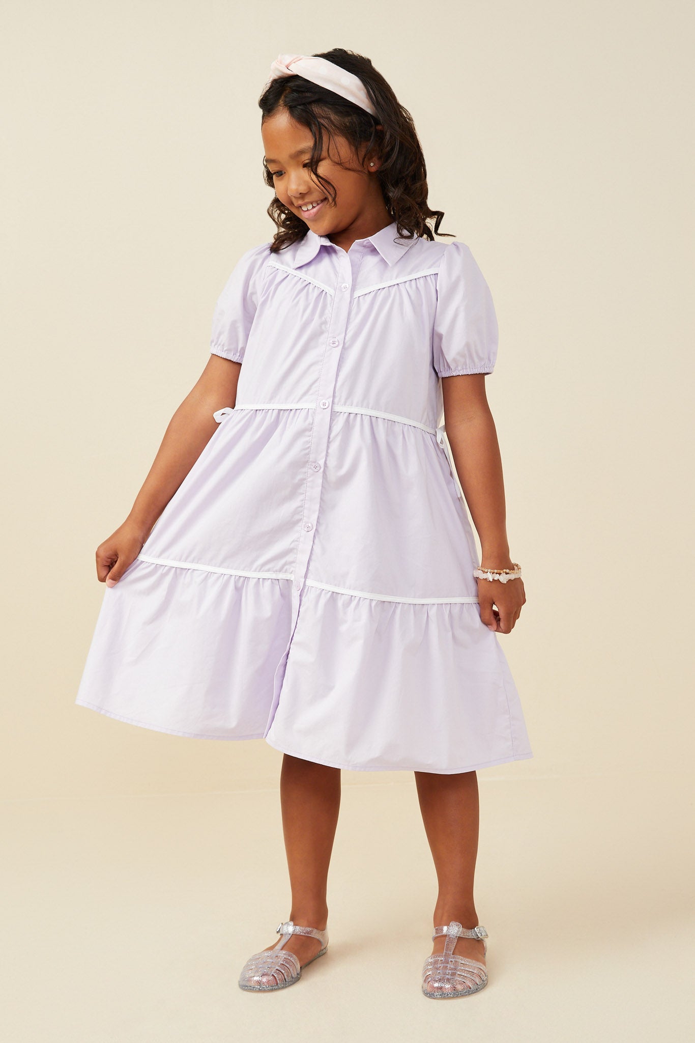 Girls Ribbon Buttoned Contrast Piping Dress