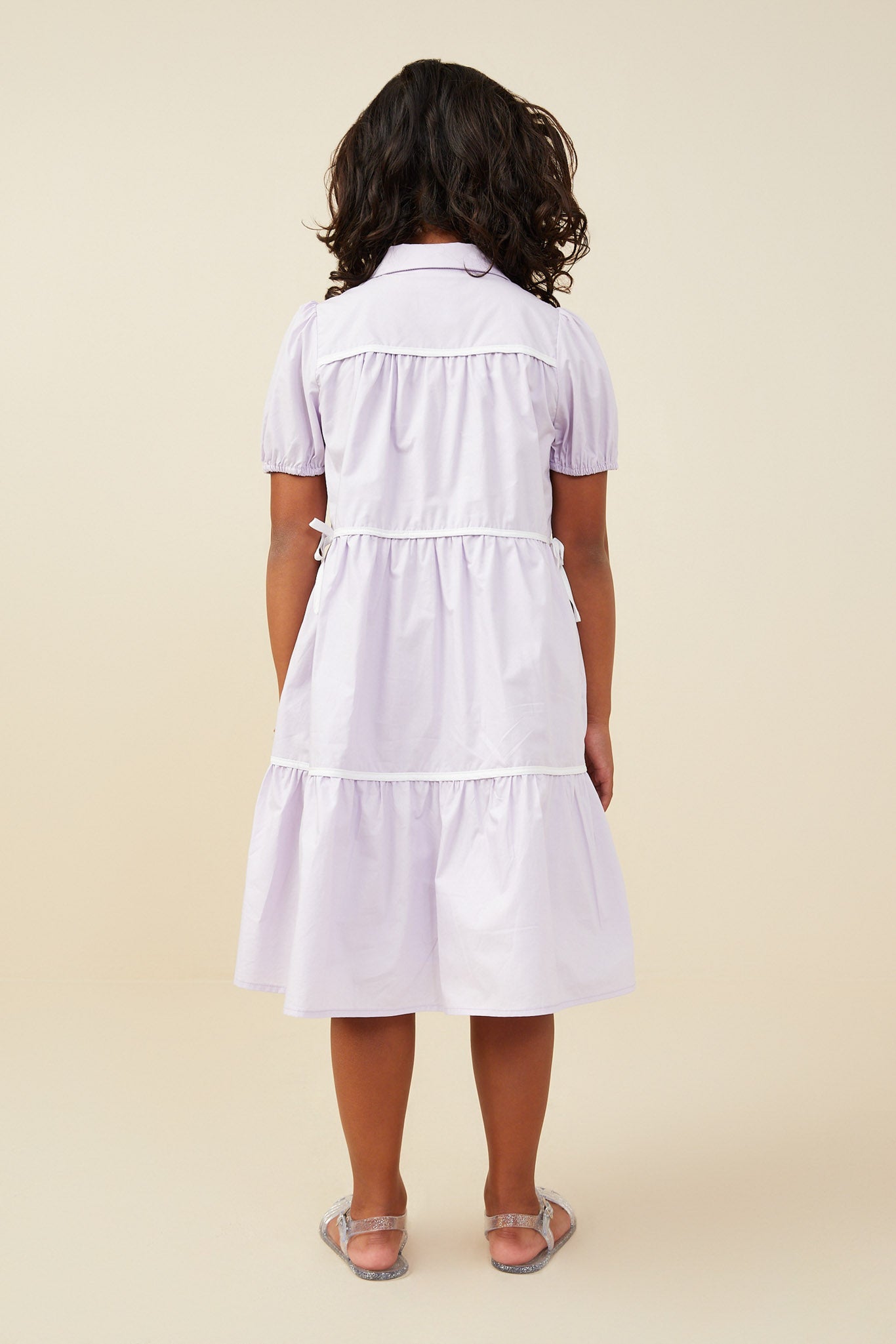 GY9541 Lavender Girls Contrast Piping Ribbon Buttoned Dress Back