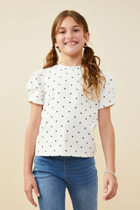 GY9556 Off White Girls Puff Sleeve Polka Dot Knit Tee Front