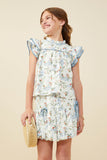GY9560 Blue Girls Floral Ribbon Print Contrast Trim Top Front