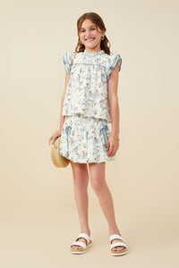 GY9560 Blue Girls Floral Ribbon Print Contrast Trim Top Pose