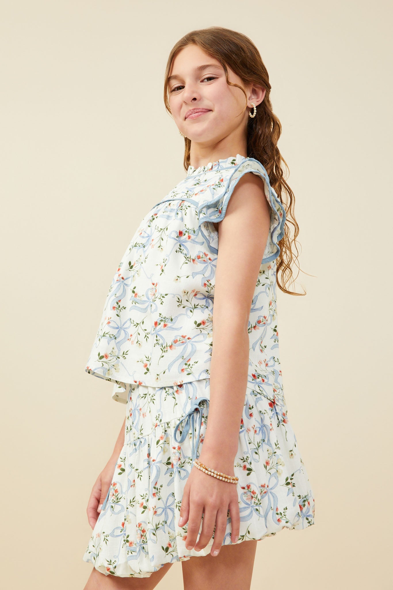 GY9560 Blue Girls Floral Ribbon Print Contrast Trim Top Side