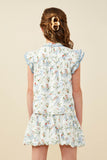 GY9560 Blue Girls Floral Ribbon Print Contrast Trim Top Back