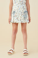 GY9561 Blue Girls Floral Ribbon Print Bow Detail Skirt Front