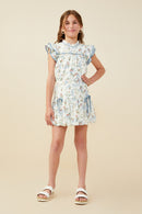 GY9561 Blue Girls Floral Ribbon Print Bow Detail Skirt Pose