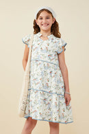 GY9563 Blue Girls Floral Ribbon Print Contrast Trim Dress Front