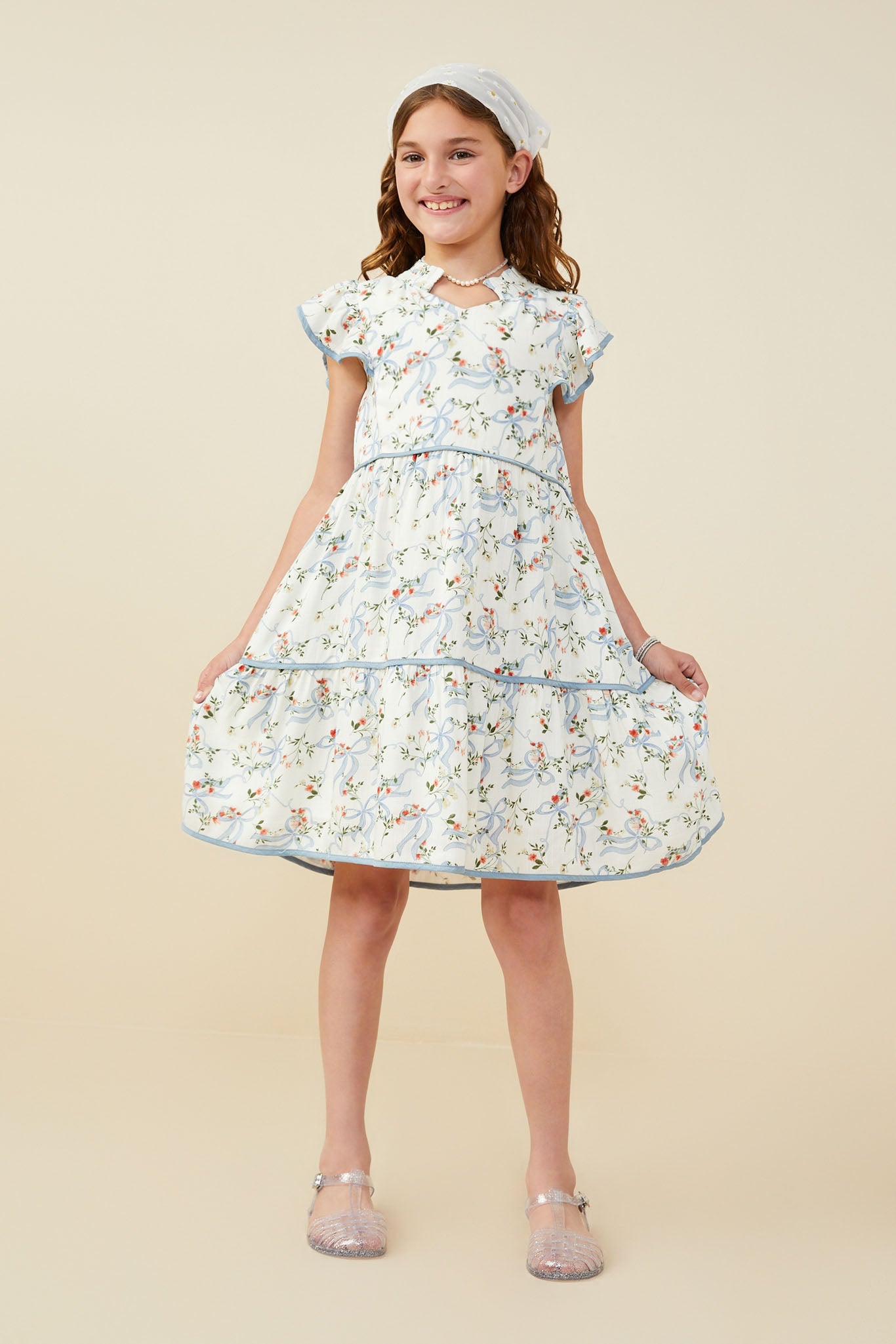 Floral Ribbon Print Contrast Trim Dress