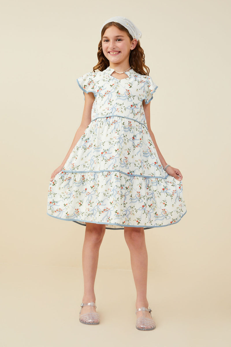 GY9563 Blue Girls Floral Ribbon Print Contrast Trim Dress Pose